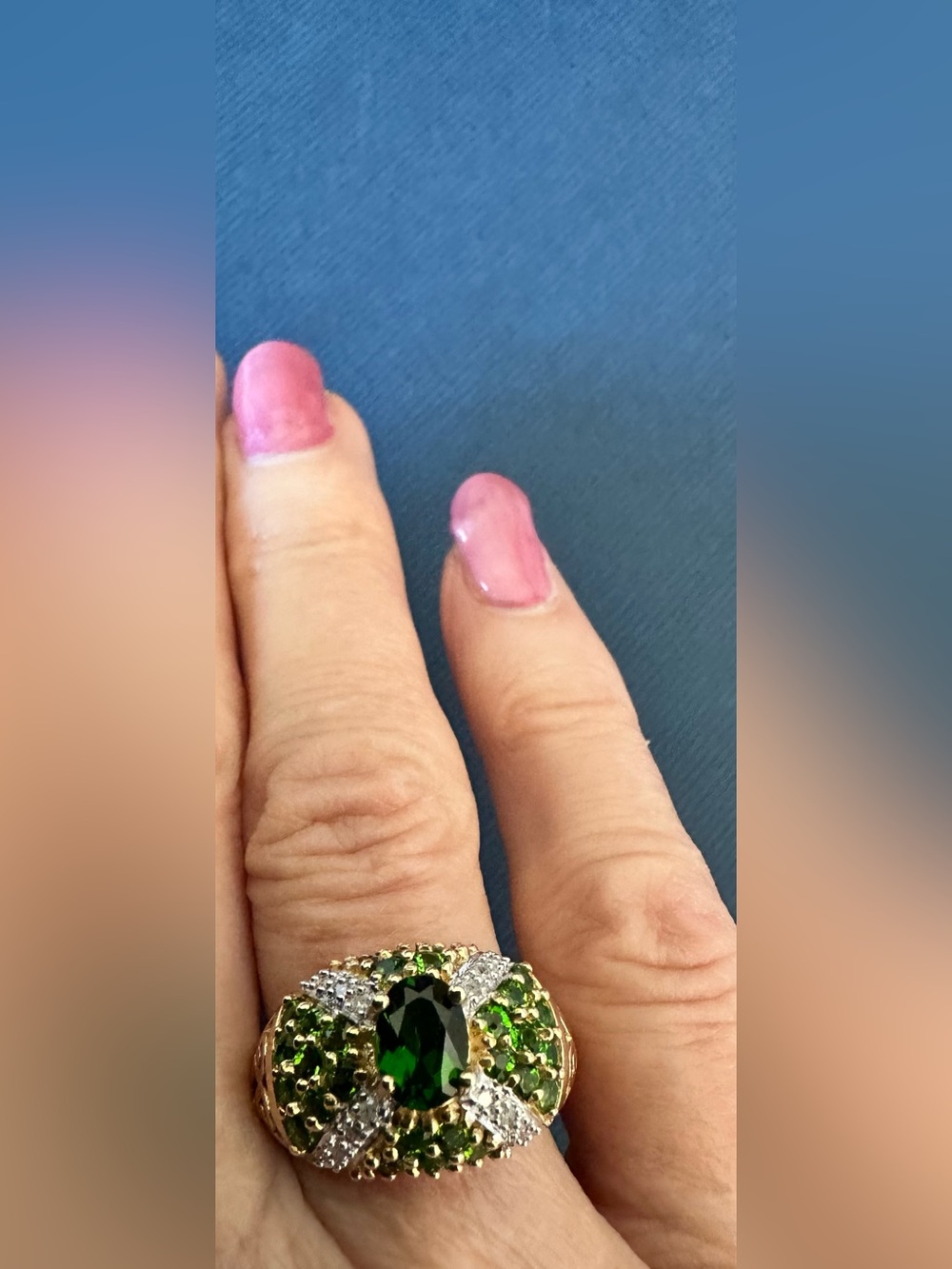 Solid 14K Gold Green Tourmaline Peridot Diamond Bombé Ring Sz 7